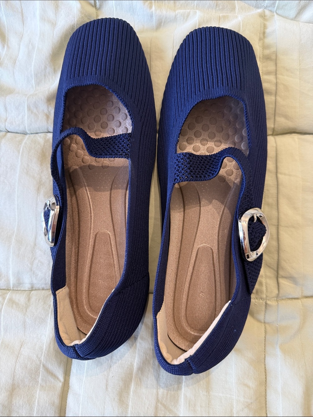 Women's Navy Knit Mary Jane Flats with Silver Buckle